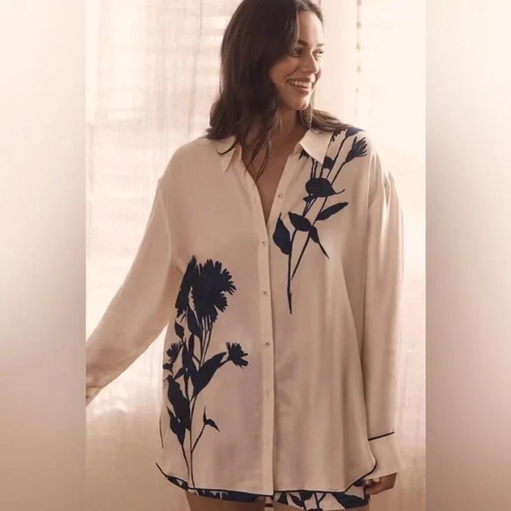 ANTHROPOLOGIE Long-Sleeve Buttondown Pajama Shirt Light Pink Blue Floral Size XS